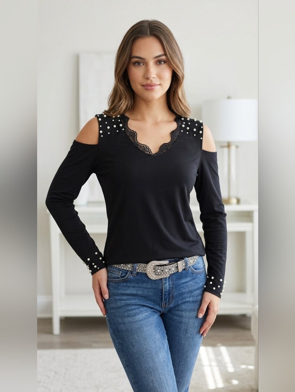 CBR Black Cold-Shoulder Pearl-Trim Lace V-Neck Long Sleeve Top